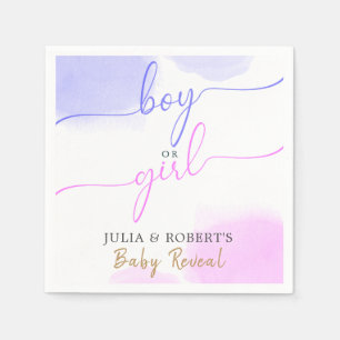 Pink & Blue Watercolor Gold Script Gender Reveal Napkin