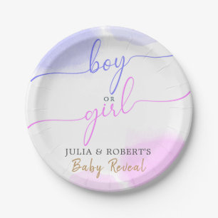 Pink & Blue Watercolor Gold Script Gender Reveal Paper Plate