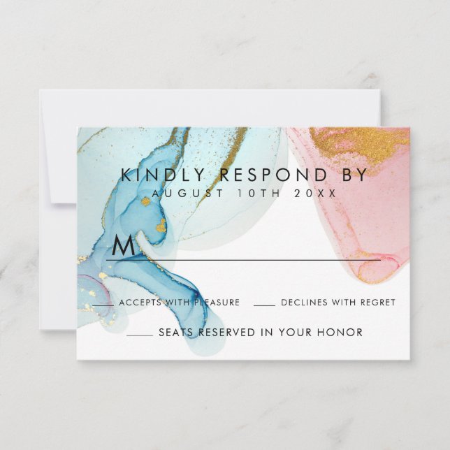 Pink Blue Watercolor Gold Wedding RSVP Card (Front)