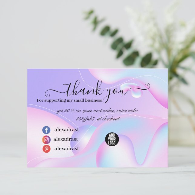 PINK & Blue Watercolor Holographic Design Beauty  Thank You Card (Standing Front)