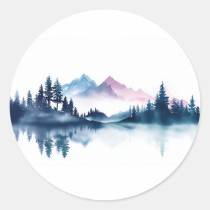 Pink & Blue Watercolor Mountains & Dark Pine Trees Classic Round Sticker