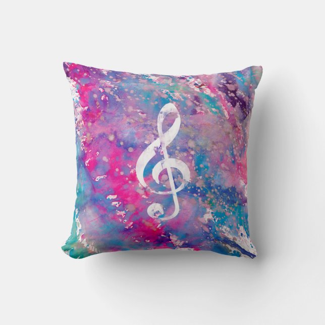 Pink Blue Watercolor Paint Music Note Treble Clef Cushion (Front)