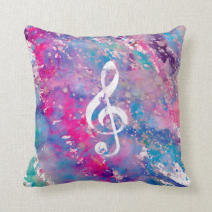 Pink Blue Watercolor Paint Music Note Treble Clef Cushion