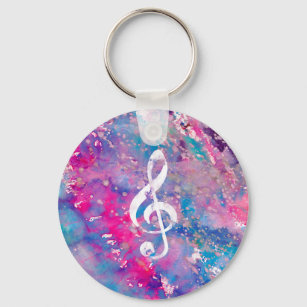 Pink Blue Watercolor Paint Music Note Treble Clef Key Ring
