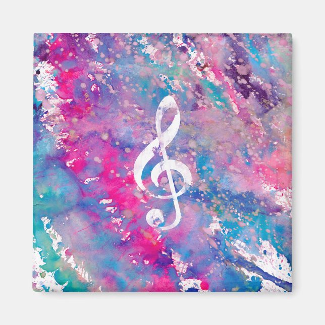 Pink Blue Watercolor Paint Music Note Treble Clef Magnet (Front)