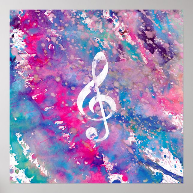 Pink Blue Watercolor Paint Music Note Treble Clef Poster (Front)