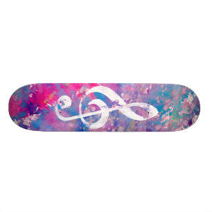 Pink Blue Watercolor Paint Music Note Treble Clef Skateboard