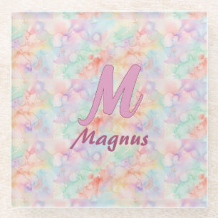 pink blue watercolor pastel monogram name letter c glass coaster
