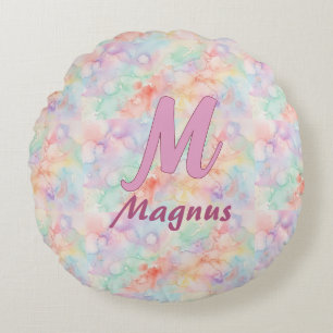 pink blue watercolor pastel monogram name letter c round cushion