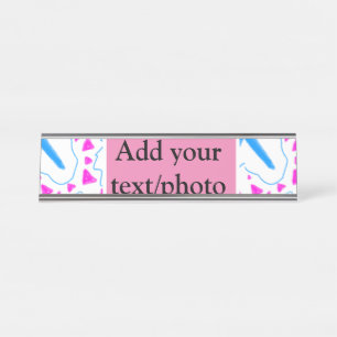 Pink blue watercolor pattern add name text custom desk name plate