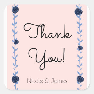 Pink Blue Watercolor Rose Vines Cottage Wedding Square Sticker