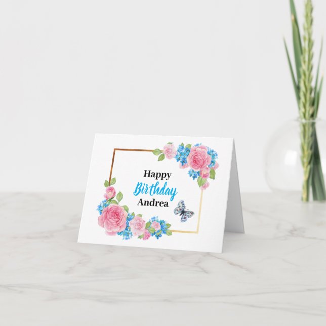 Pink Blue Watercolor Roses Flowers Birthday Card (Front)