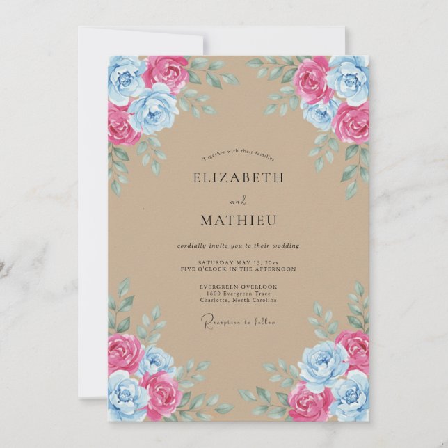 Pink Blue Watercolor Rustic Wedding Invitation (Front)