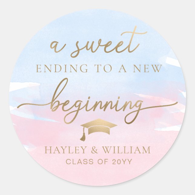 Pink Blue Watercolor Sweet Beginning Graduation Classic Round Sticker (Front)
