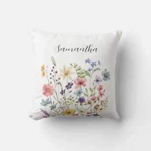 Pink Blue Watercolor Wildflower Custom Name Cushion