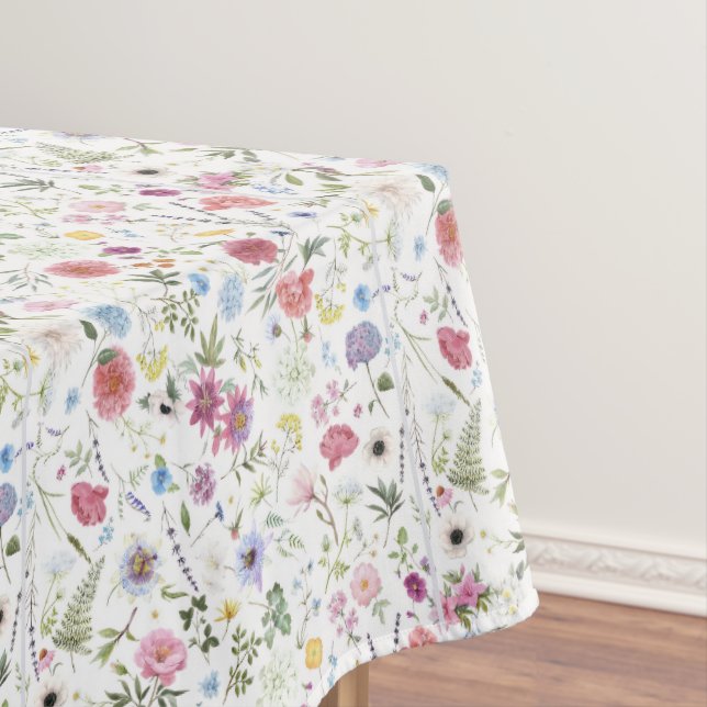 Pink, Blue Watercolor Wildflower Tablecloth (In Situ)