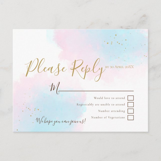 Pink & Blue Watercolors Wedding RSVP Postcard (Front)