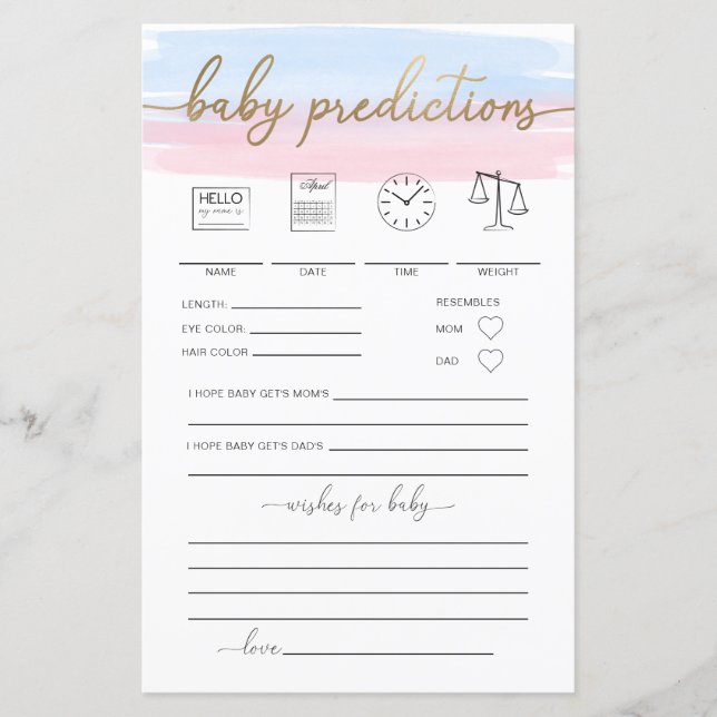 Pink Blue Watercolour Baby Predictions Game (Front)