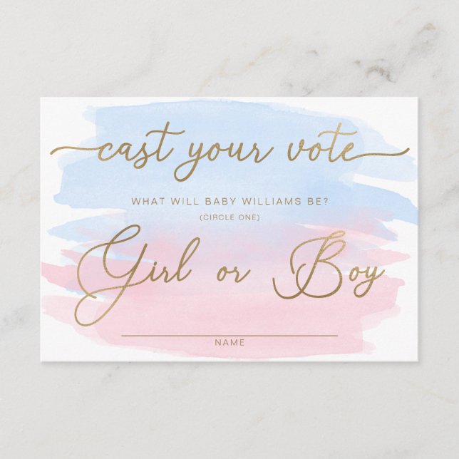 Pink Blue Watercolour Gender Reveal Voting Card (Front)