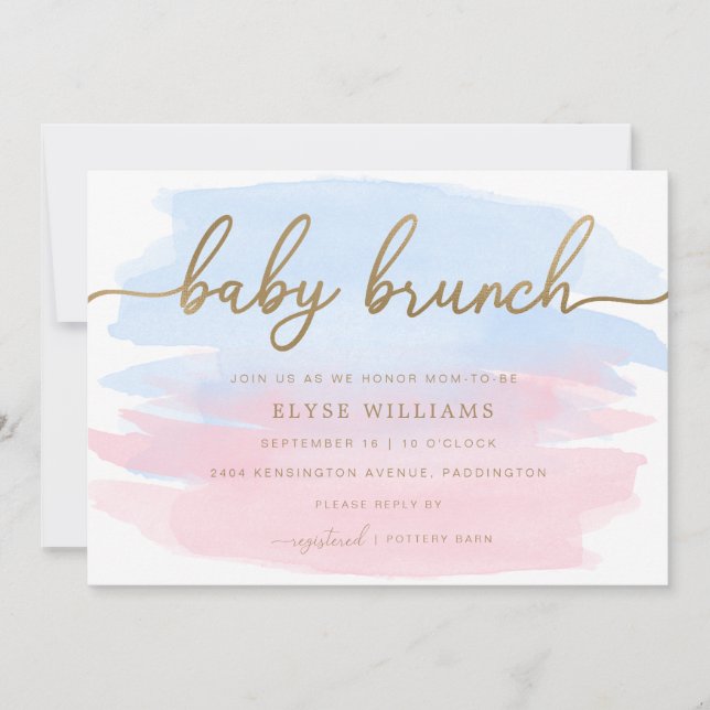 Pink Blue Watercolour Gold Baby Brunch Invitation (Front)
