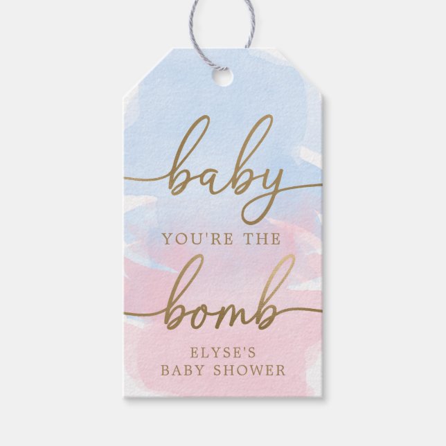 Pink Blue Watercolour Gold Bath Bomb Favour Tag (Front)