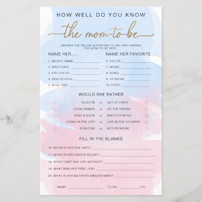 Pink Blue Watercolour Gold Know The Mum-to-be Game (Front)