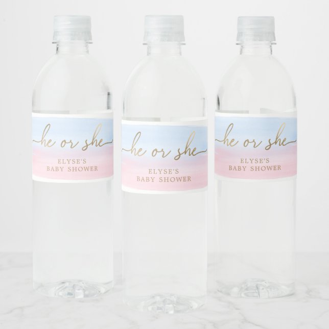 Pink Blue Watercolour Water Bottle Favour Label (Bottles)