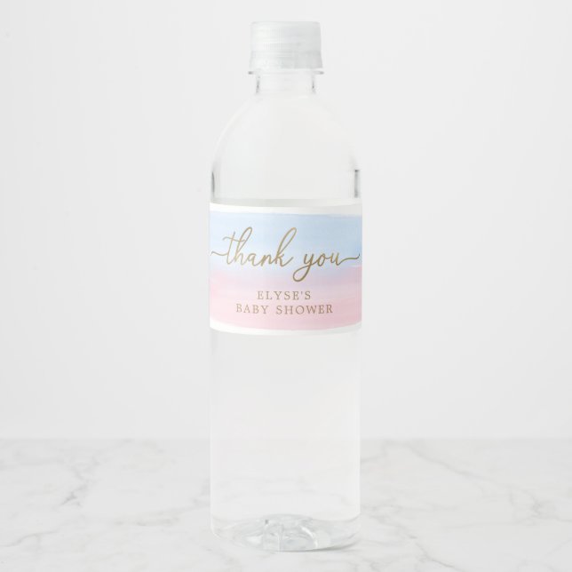 Pink Blue Watercolour Water Bottle Favour Label (Front)