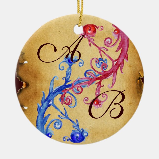 PINK BLUE WEDDING SWIRLS PARCHMENT GEM MONOGRAM CERAMIC TREE DECORATION (Front)