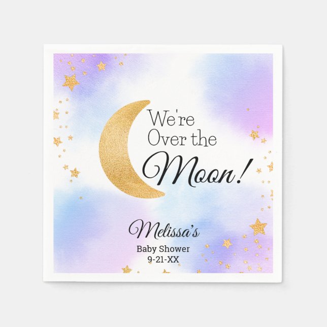 Pink Blue We're Over the Moon Neutral Baby Shower Napkin (Front)