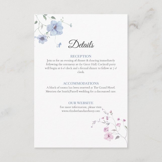 Pink & Blue Whimsical Floral Wedding Details Enclo Enclosure Card (Front)