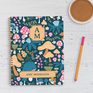 Pink Blue Whimsical Mushroom Pattern Monogram Notebook