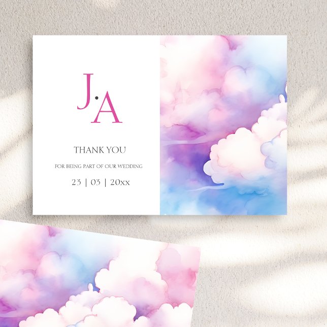 Pink Blue White Clouds Monogram Wedding Thank You (Pink Blue White Clouds Monogram Wedding Thank You)