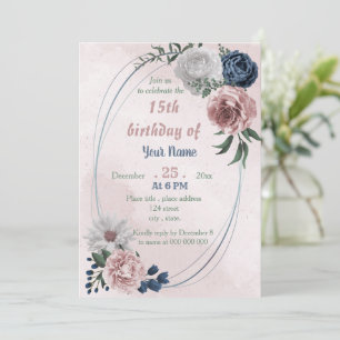  pink blue & white floral geometric birthday party invitation