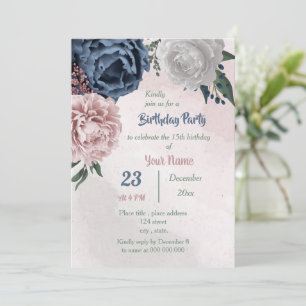 pink blue & white floral greenery birthday party invitation