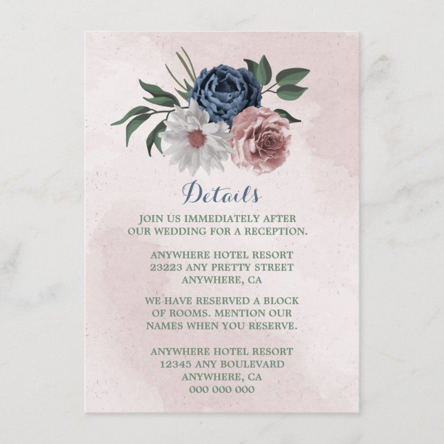  pink blue white floral greenery details enclosure card (Front)