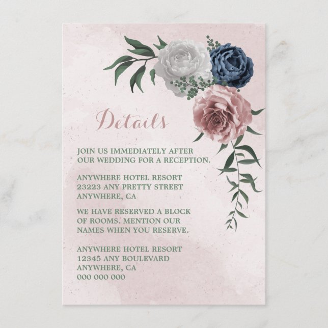  pink blue white floral greenery details enclosure card (Front)