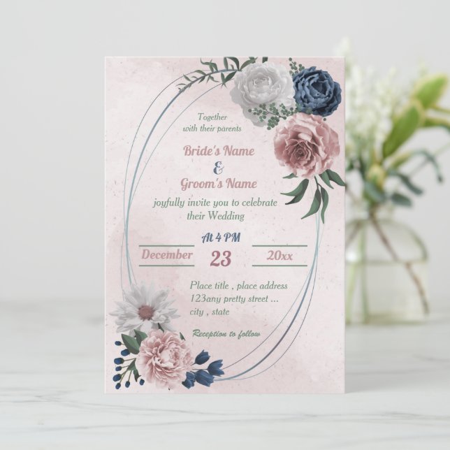  pink blue white floral greenery geometric wedding invitation (Standing Front)