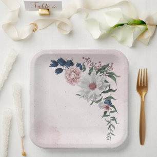 pink blue white floral greenery wedding paper plate