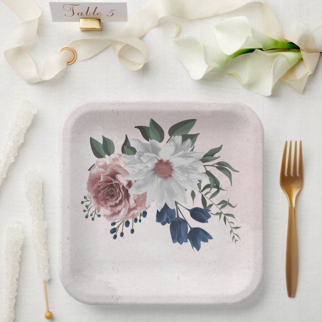  pink blue white floral greenery wedding paper plate (Wedding)
