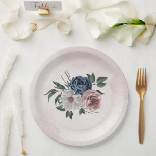  pink blue white floral greenery wedding paper plate
