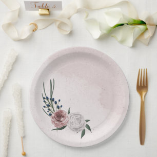 pink blue white floral greenery wedding paper plate
