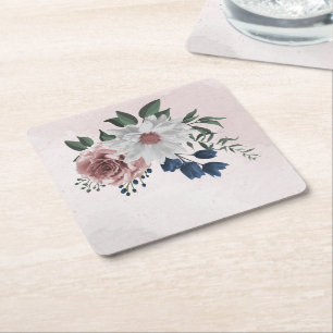 pink blue white floral greenery wedding square paper coaster
