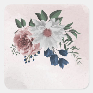  pink blue white floral greenery wedding square sticker