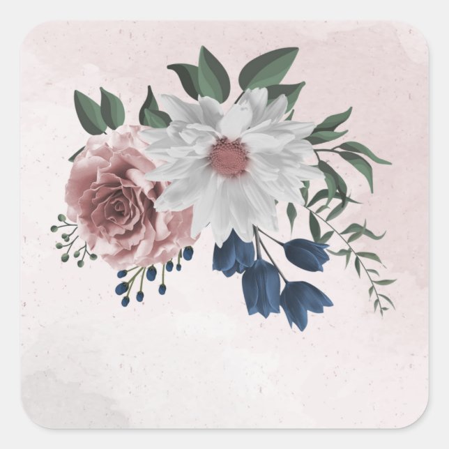  pink blue white floral greenery wedding square sticker (Front)