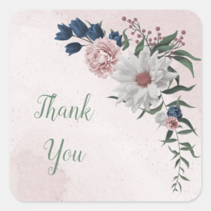 pink blue white floral greenery wedding square sticker