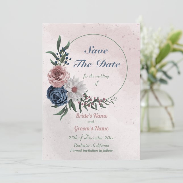  pink blue & white floral wreath save the date (Standing Front)