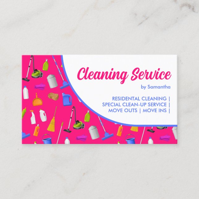 Pink Blue White Modern House Cleaning Service Business Card (Front)