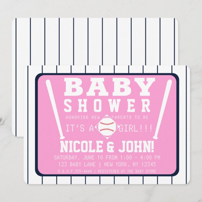 Pink Blue & White Pinstripes Baseball Baby Shower Invitation (Front/Back)