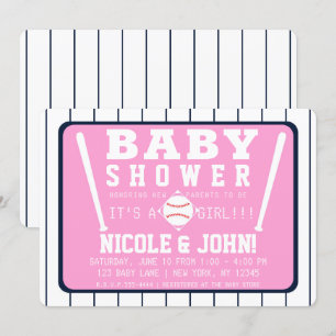 Pink Blue & White Pinstripes Baseball Baby Shower Invitation
